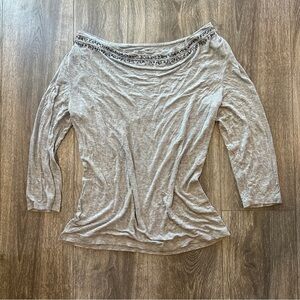 New York & Company Light Gray Blouse with Embellished Neckline
